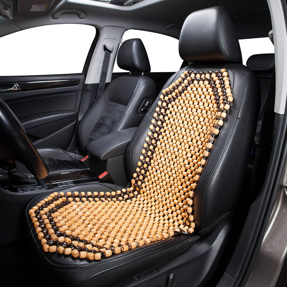 Road Comforts gros plan des perles en bois montrant texture naturelle et massage