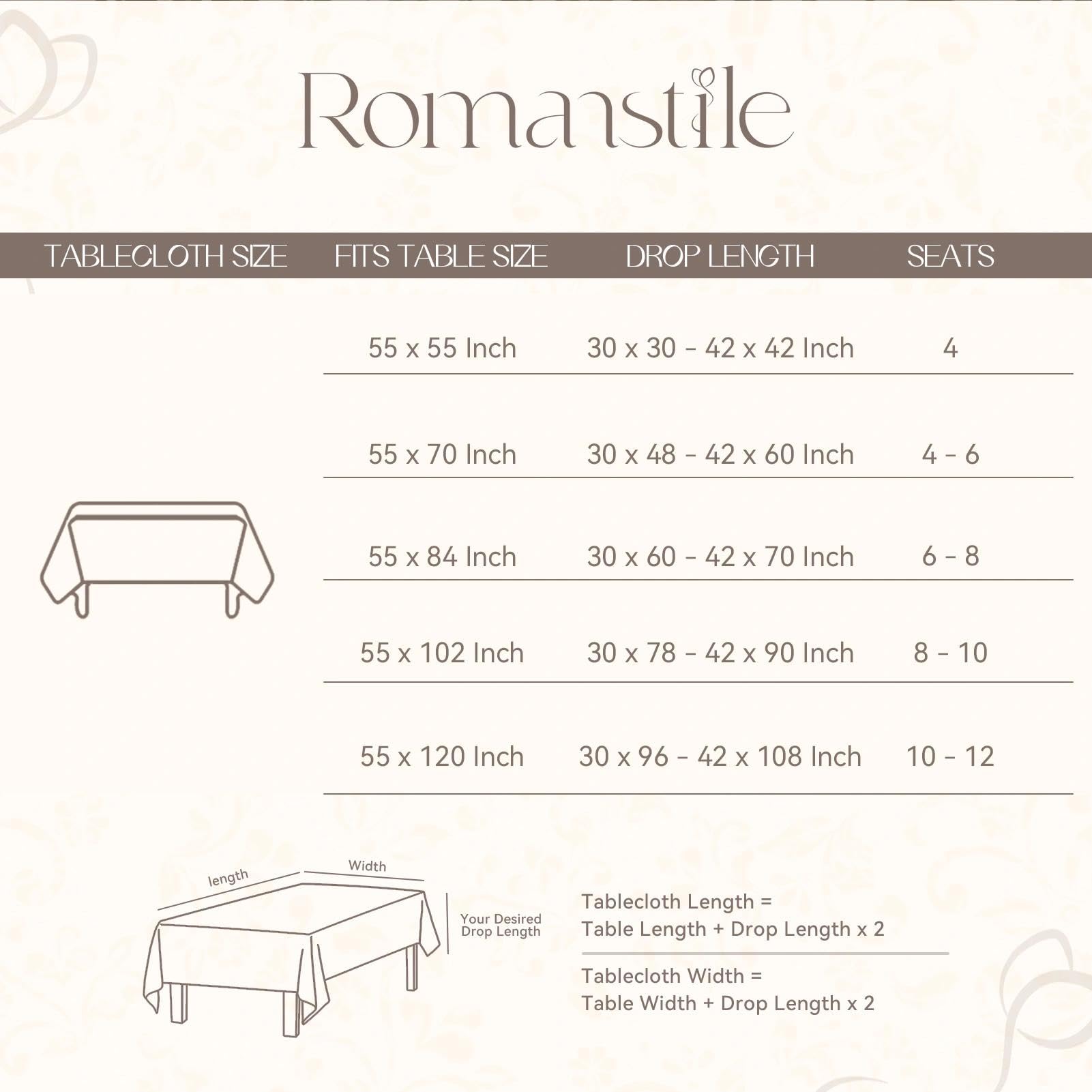 Romanstile nappe comparaison taille table illustrant retombé recommandé