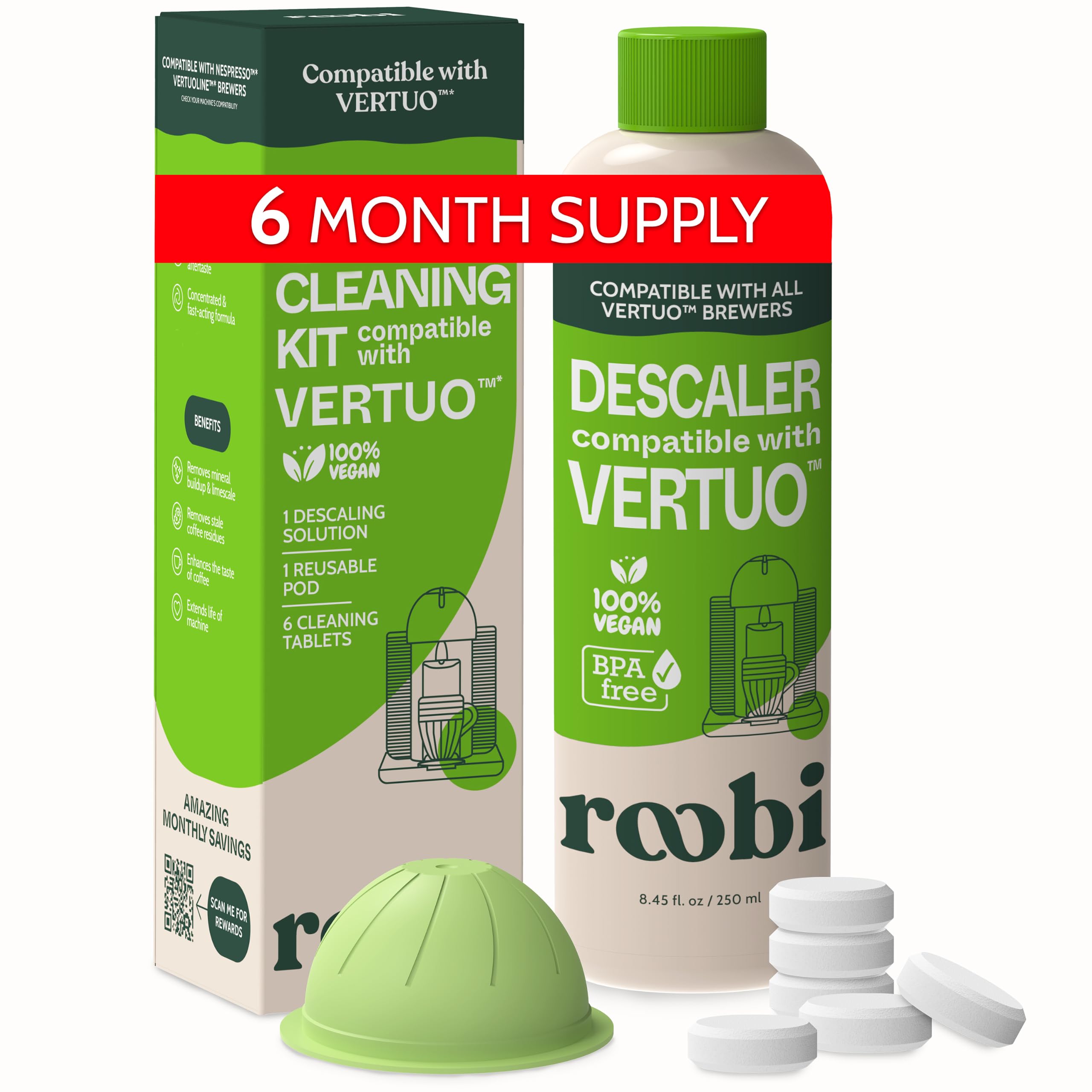 Roobi packaging face pour Vertuo montrant le kit et bénéfice d'entretien