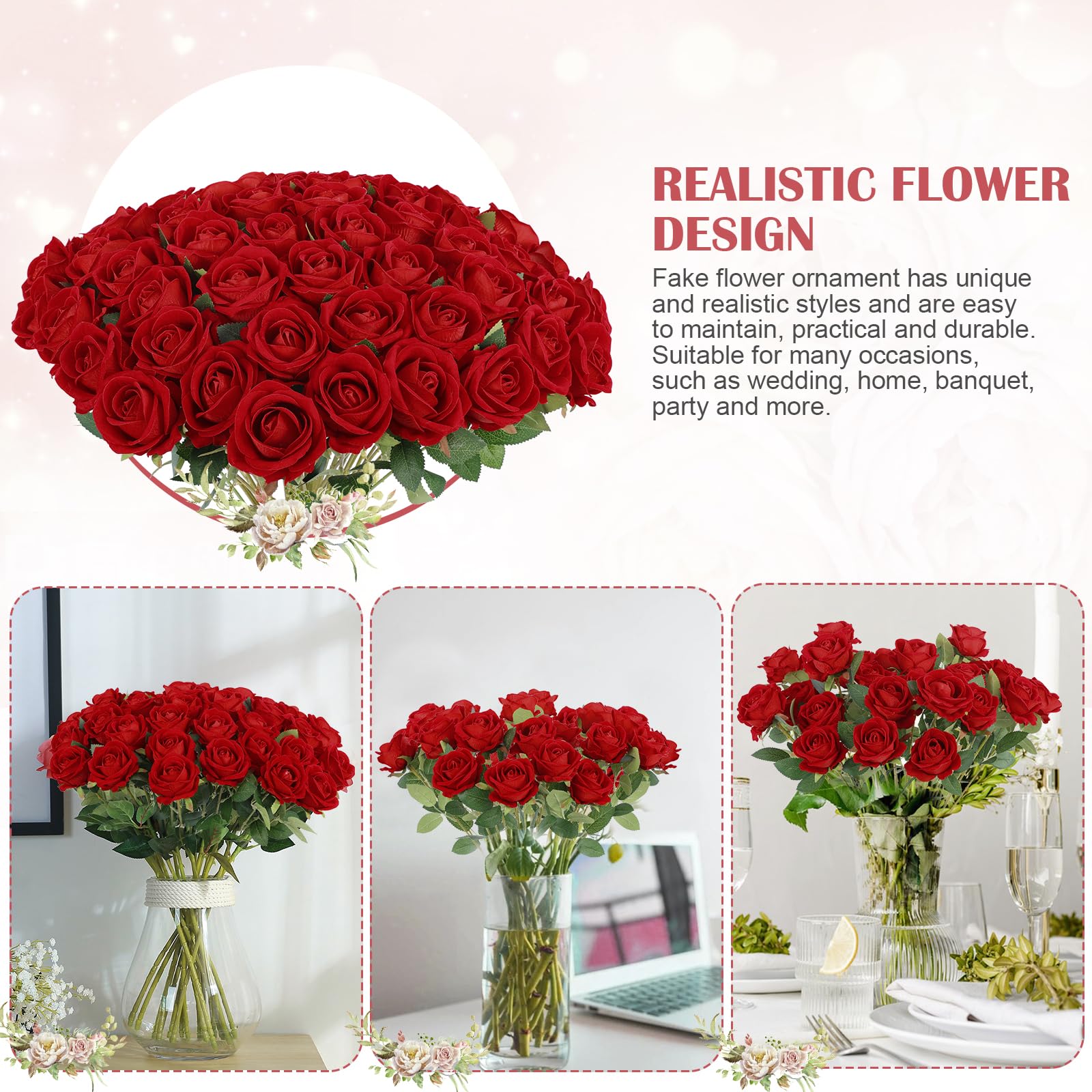 Rowfad roses sur arche de mariage illustrant usage événementiel facile