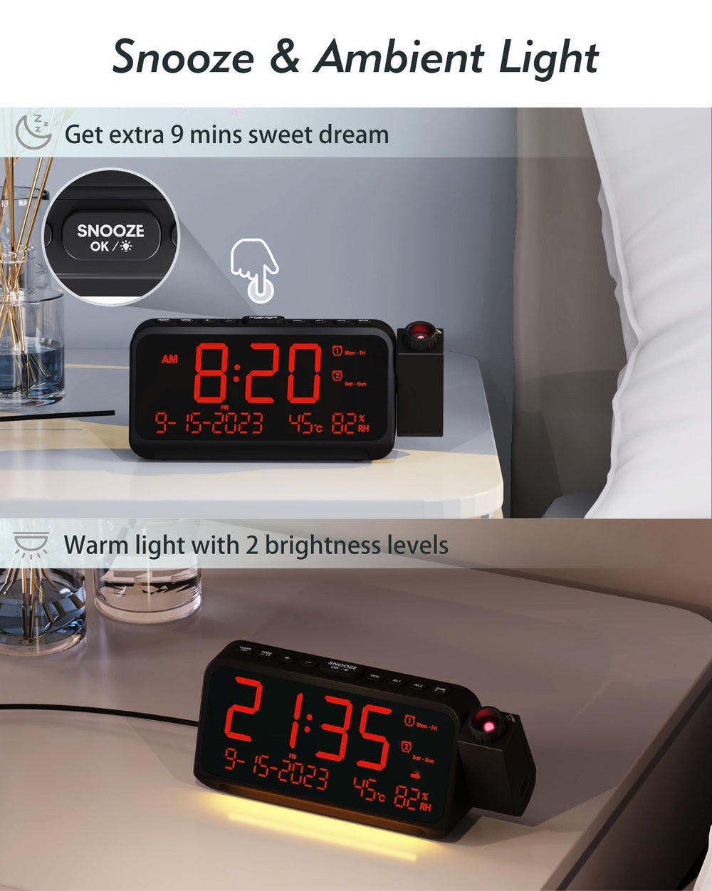 Roxicosly large bouton snooze et contrôles intuitifs pour gestion rapide des alarmes