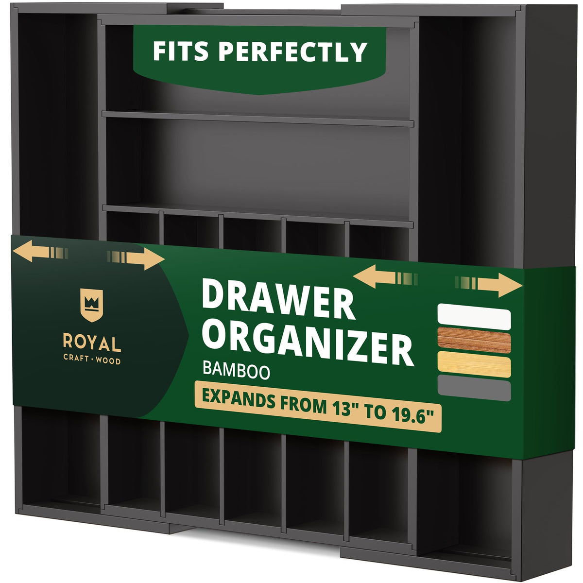 ROYAL CRAFT WOOD vue de face montrant neuf compartiments et rangement organisé
