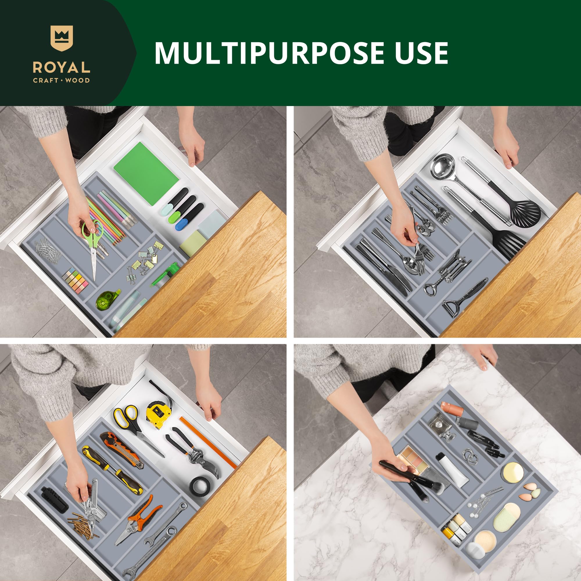 ROYAL CRAFT WOOD utilisé sur un bureau et coiffeuse, polyvalence pratique