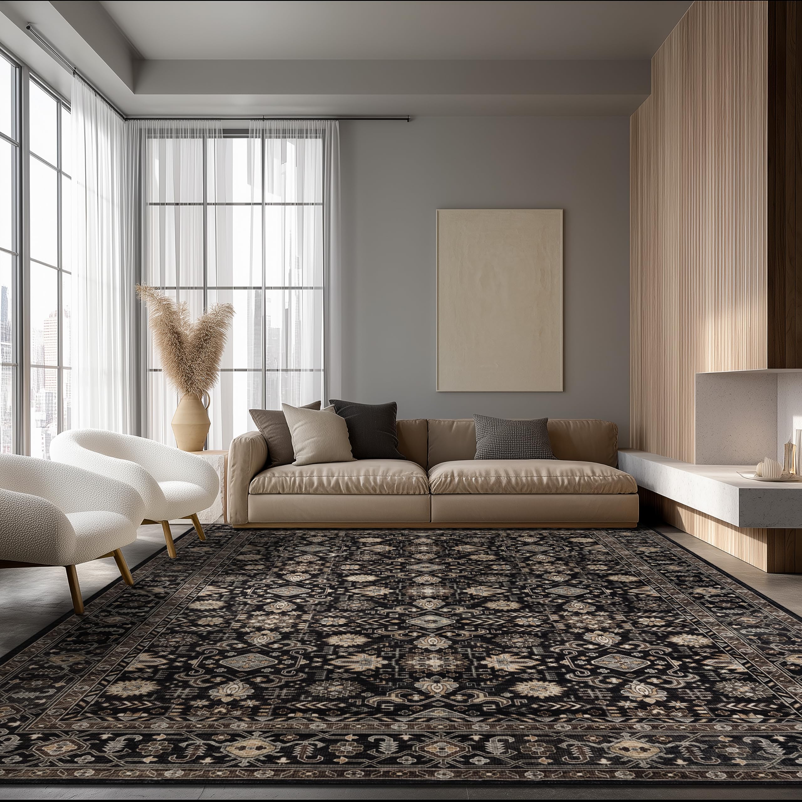 Ruaruarug face du tapis 8×10 montrant motif noir et doré et confort visuel