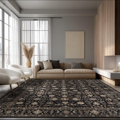 Ruaruarug face du tapis 8×10 montrant motif noir et doré et confort visuel