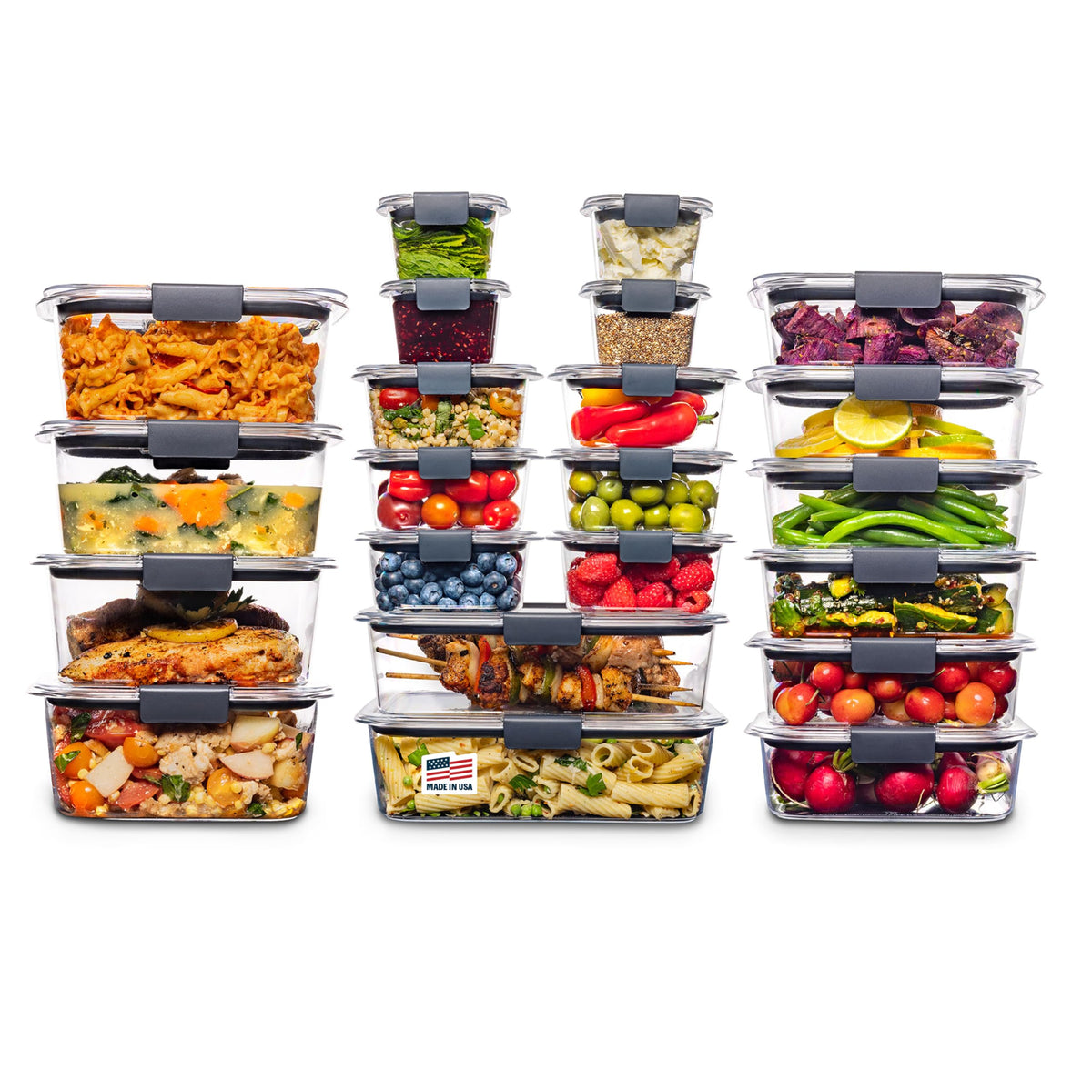 Rubbermaid Brilliance face avant montrant l’ensemble 44 pièces et rangement organisé