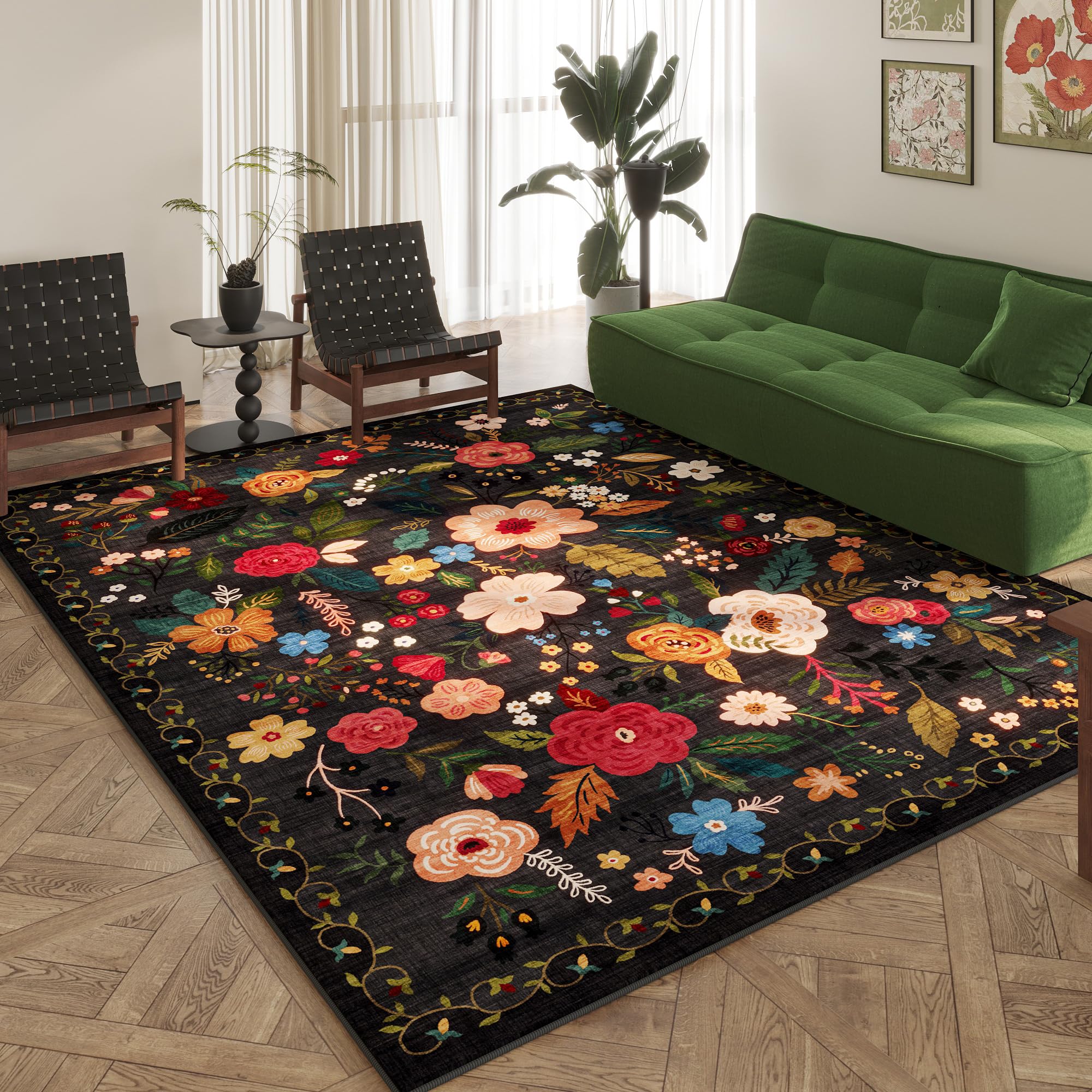 Rugcomf vue de face montrant le motif vintage et la couleur noire pour une décoration élégante