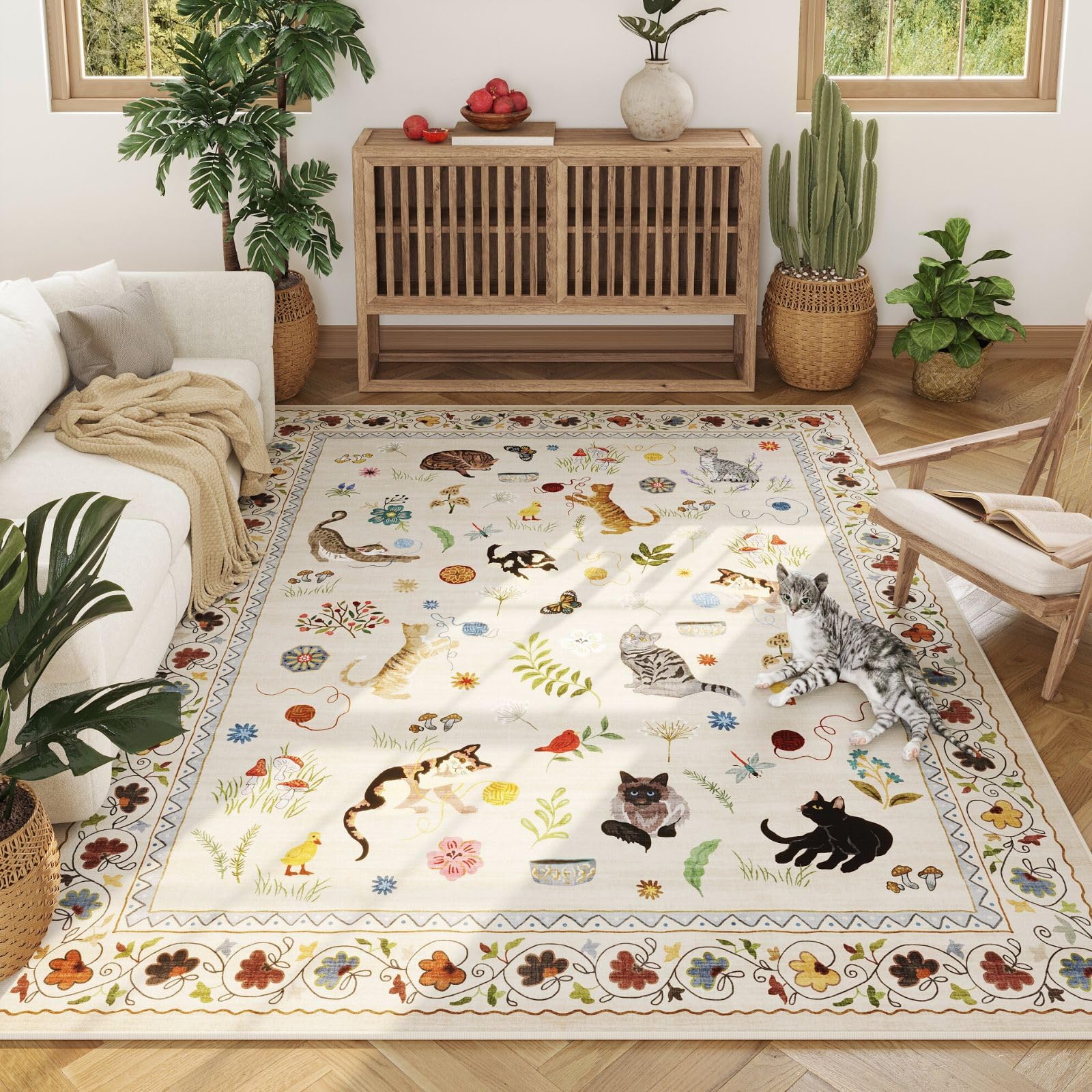 Rugcomf face avant montrant motif floral et chat et ambiance cosy