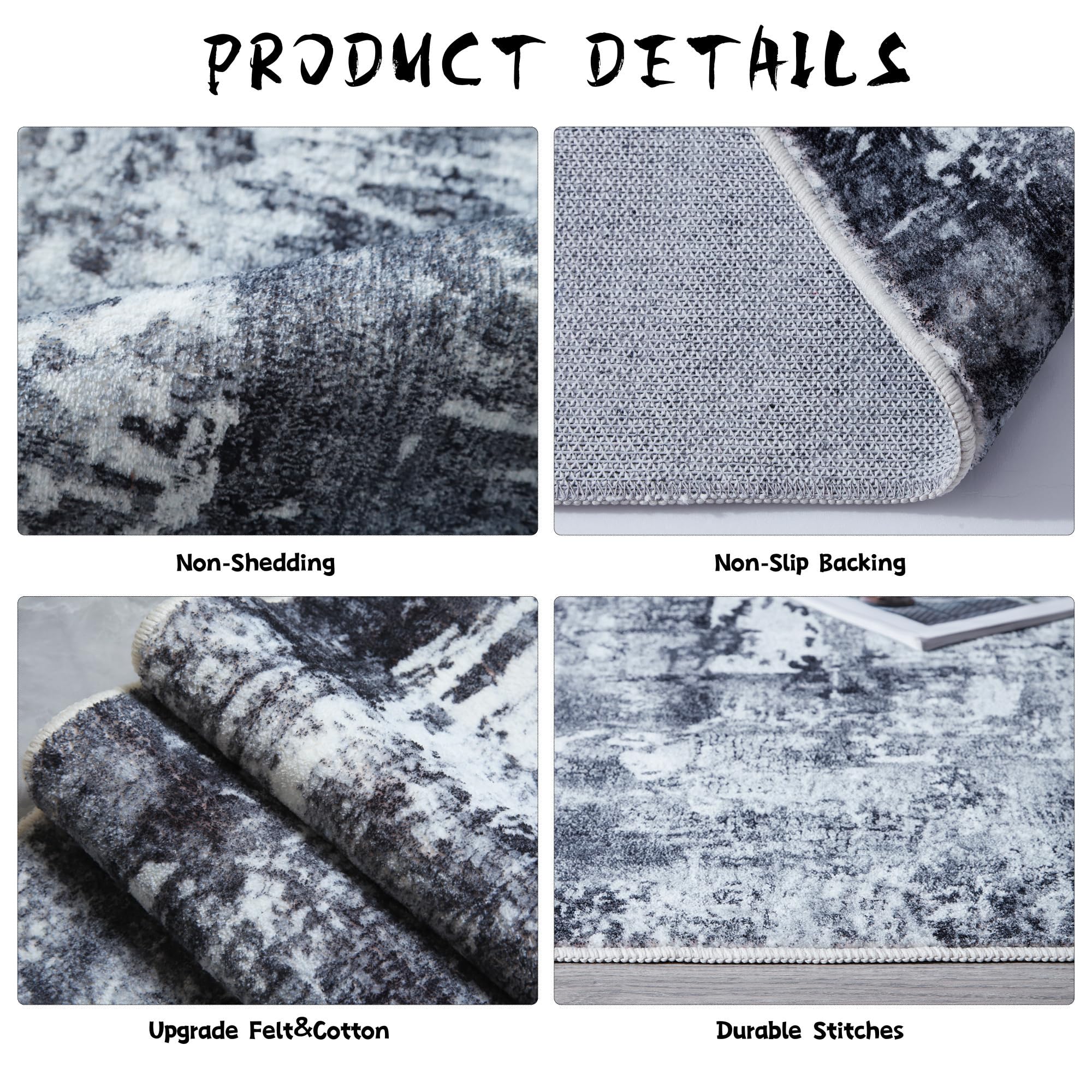 Rugcomf détail du motif abstrait floral gris et noir pour une touche déco