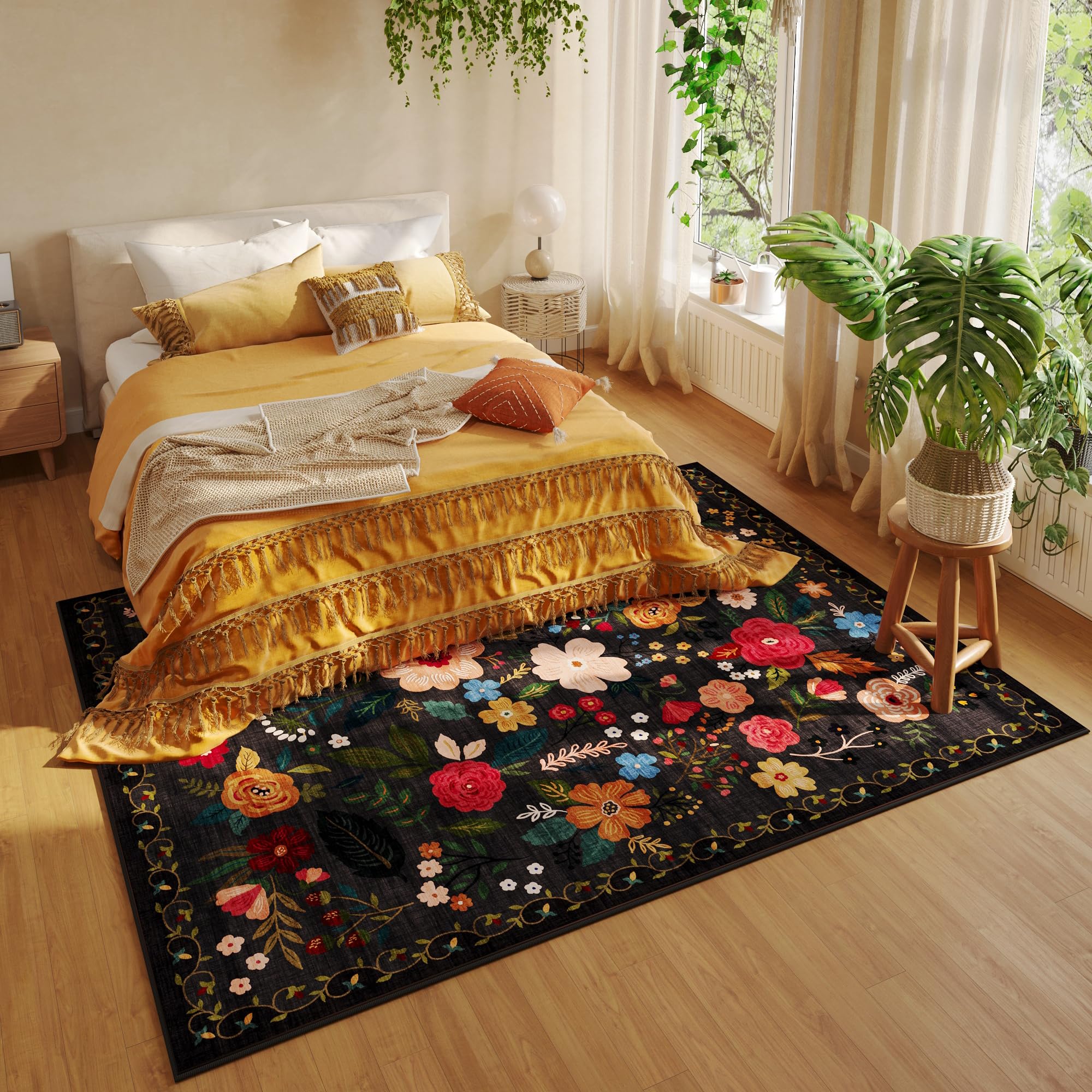 Rugcomf tapis installé dans salon apportant contraste et délimitation d'espace