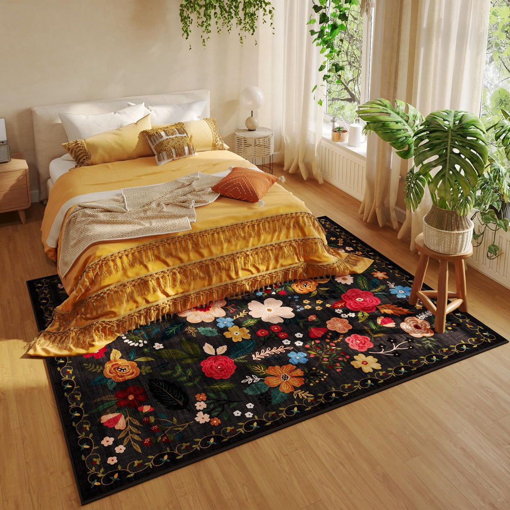 Rugcomf tapis installé dans salon apportant contraste et délimitation d'espace
