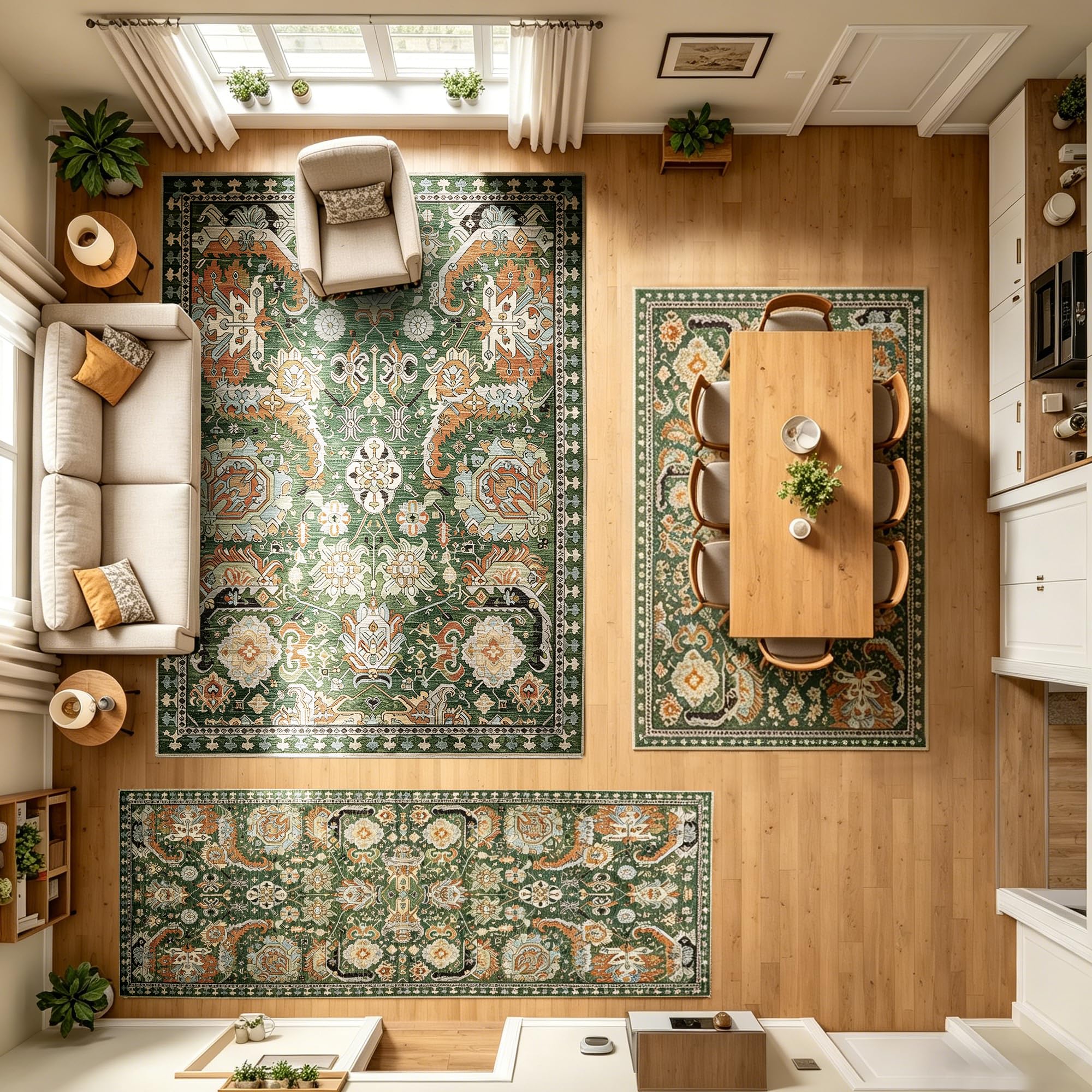 RUGSURE comparaison d'échelle avec canapé montrant taille 5' x 7'