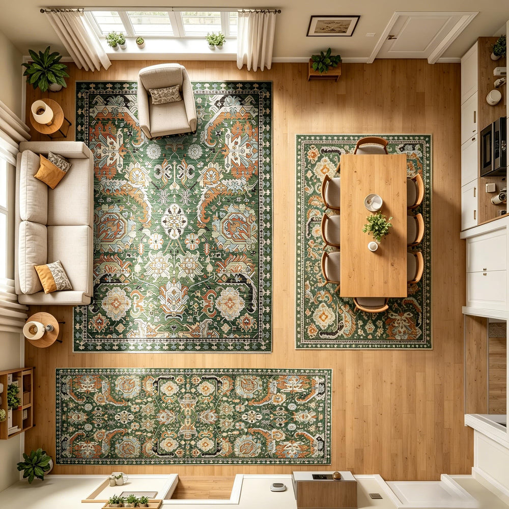 RUGSURE comparaison d'échelle avec canapé montrant taille 5' x 7'