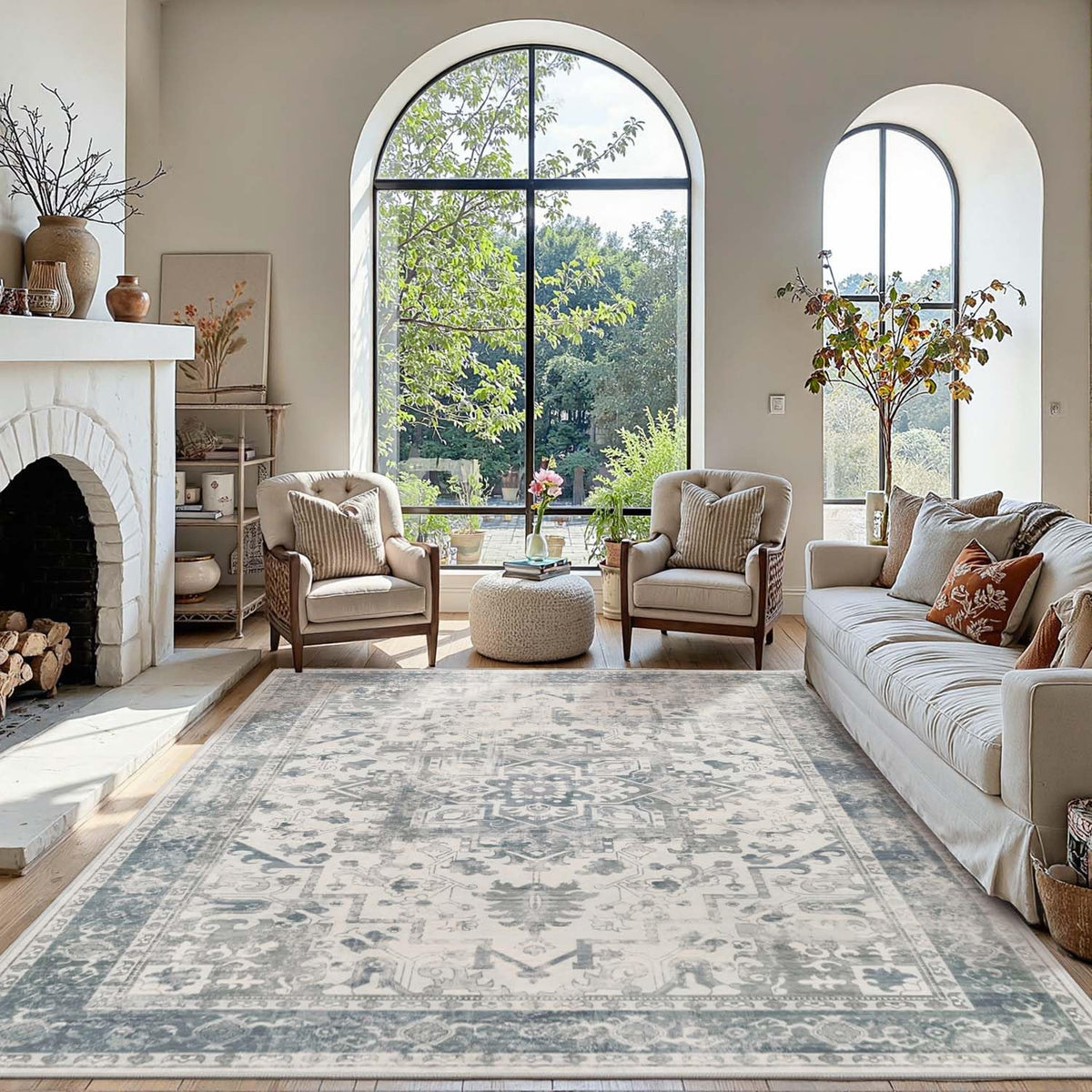 Rugxara face avant du tapis 5x7 bleu montrant le motif bohème et esthétique accueillante