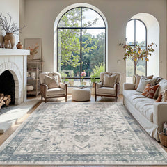 Rugxara face avant du tapis 5x7 bleu montrant le motif bohème et esthétique accueillante