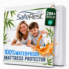 SafeRest vue avant du protège-matelas, emballage et design net