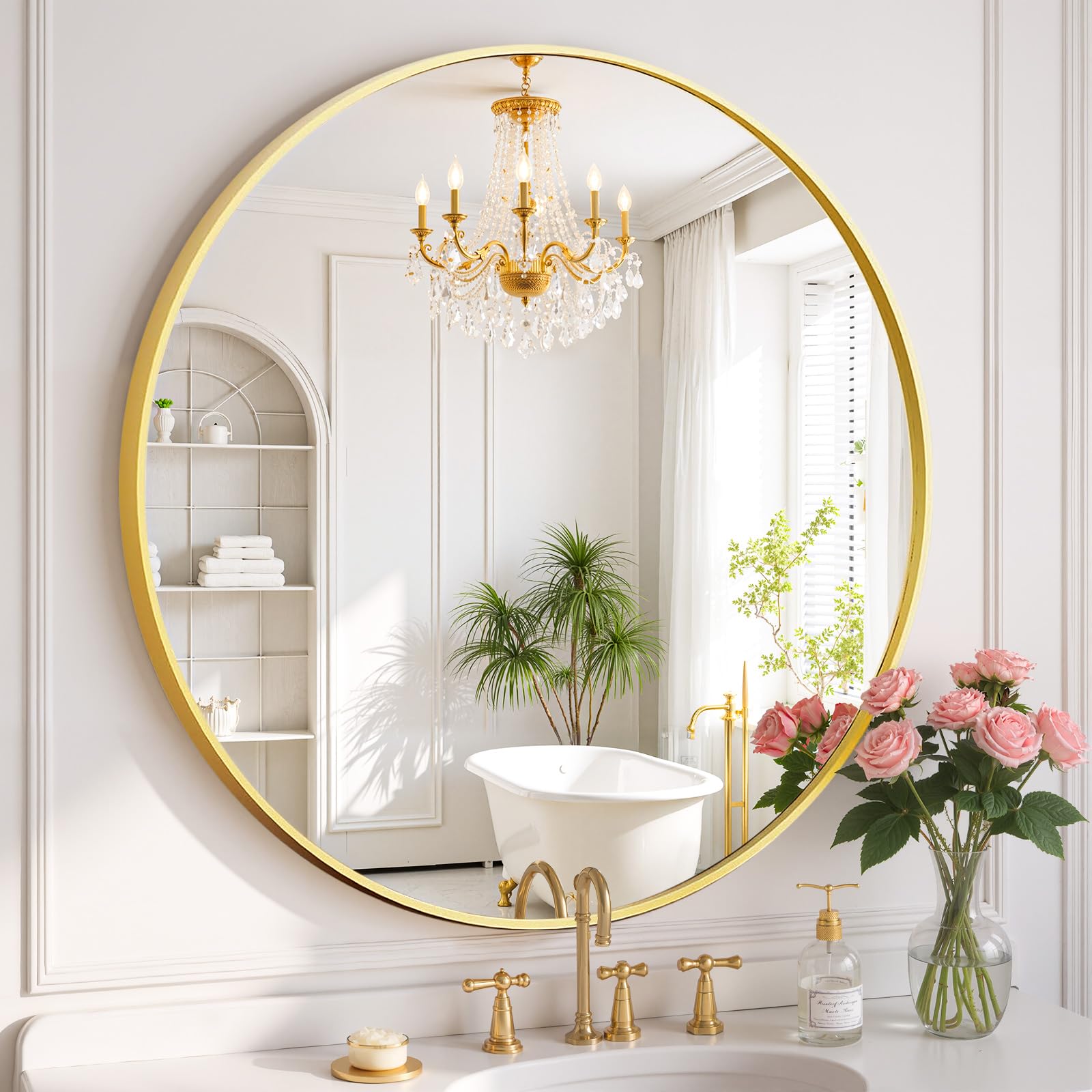 SageNest miroir rond vu de face, design doré apporte élégance