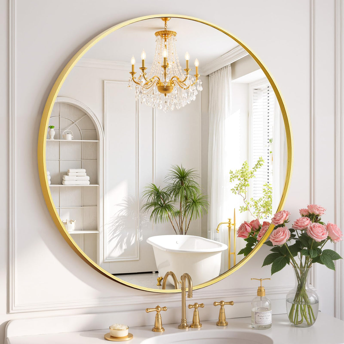 SageNest miroir rond vu de face, design doré apporte élégance