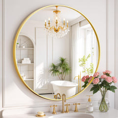 SageNest miroir rond vu de face, design doré apporte élégance