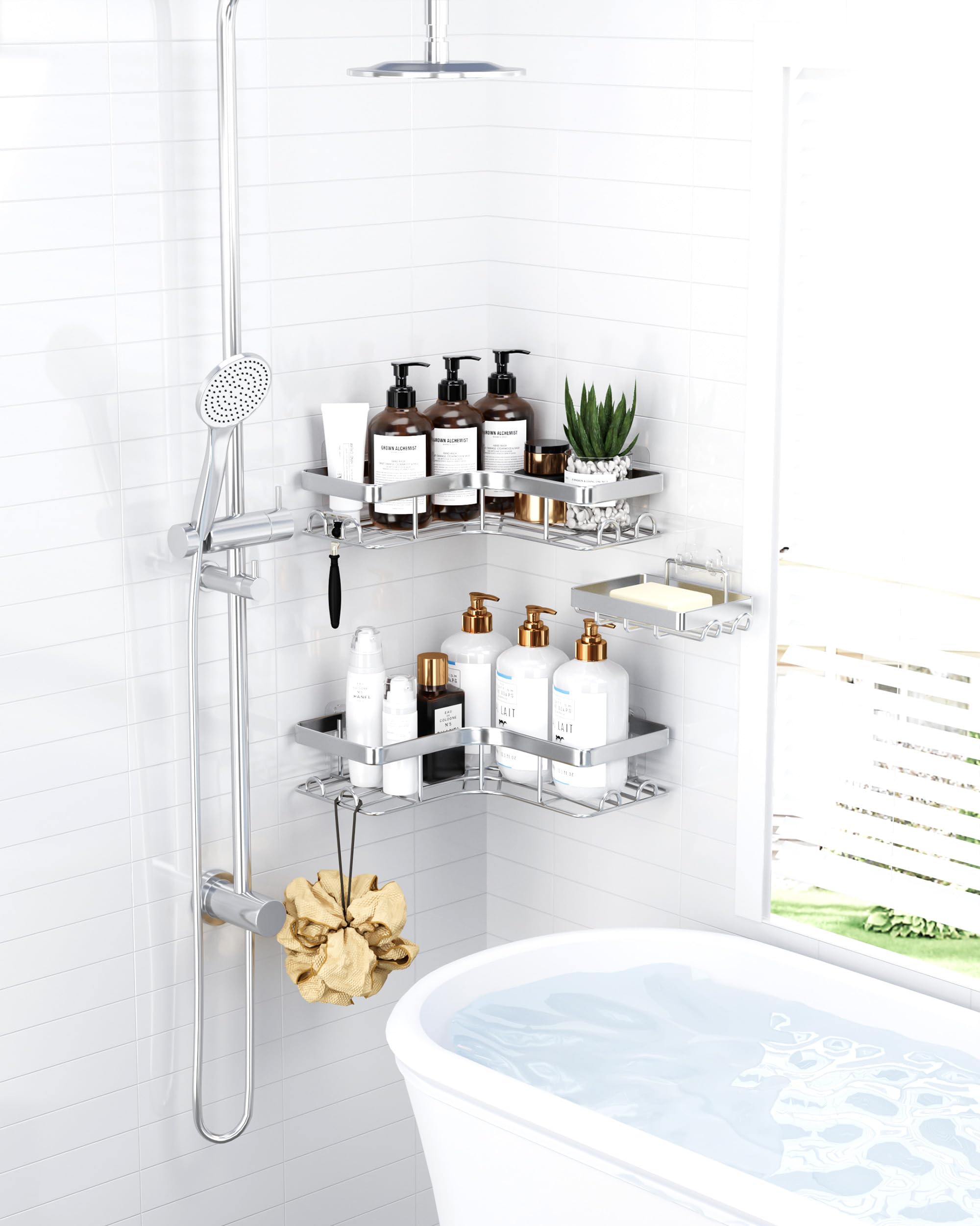 Sakugi étagère en situation dans douche supportant bouteilles et accessoires