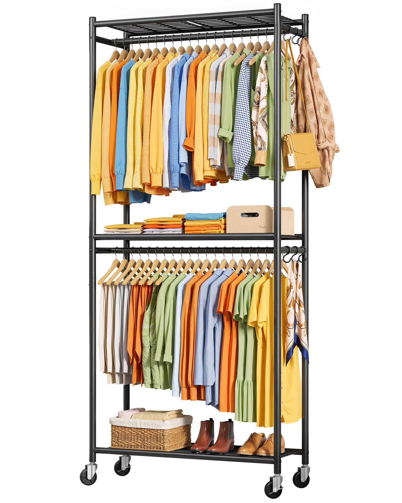 Sakugi porte-vêtements face avant montrant rangement organisé et gain d'espace