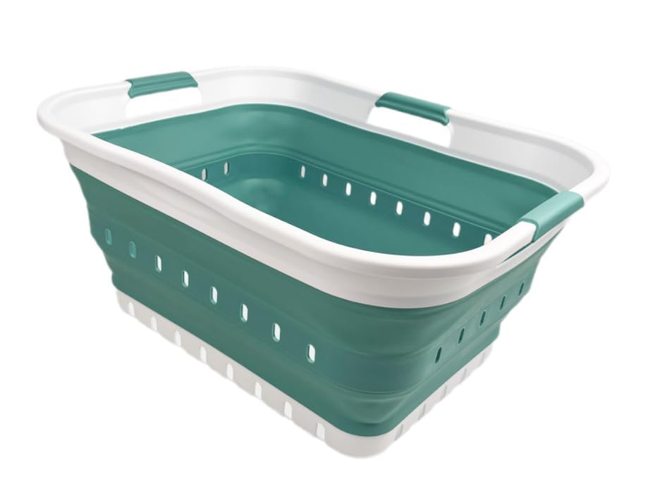 SAMMART vue avant du panier pliable blanc et vert, gain de place immédiat