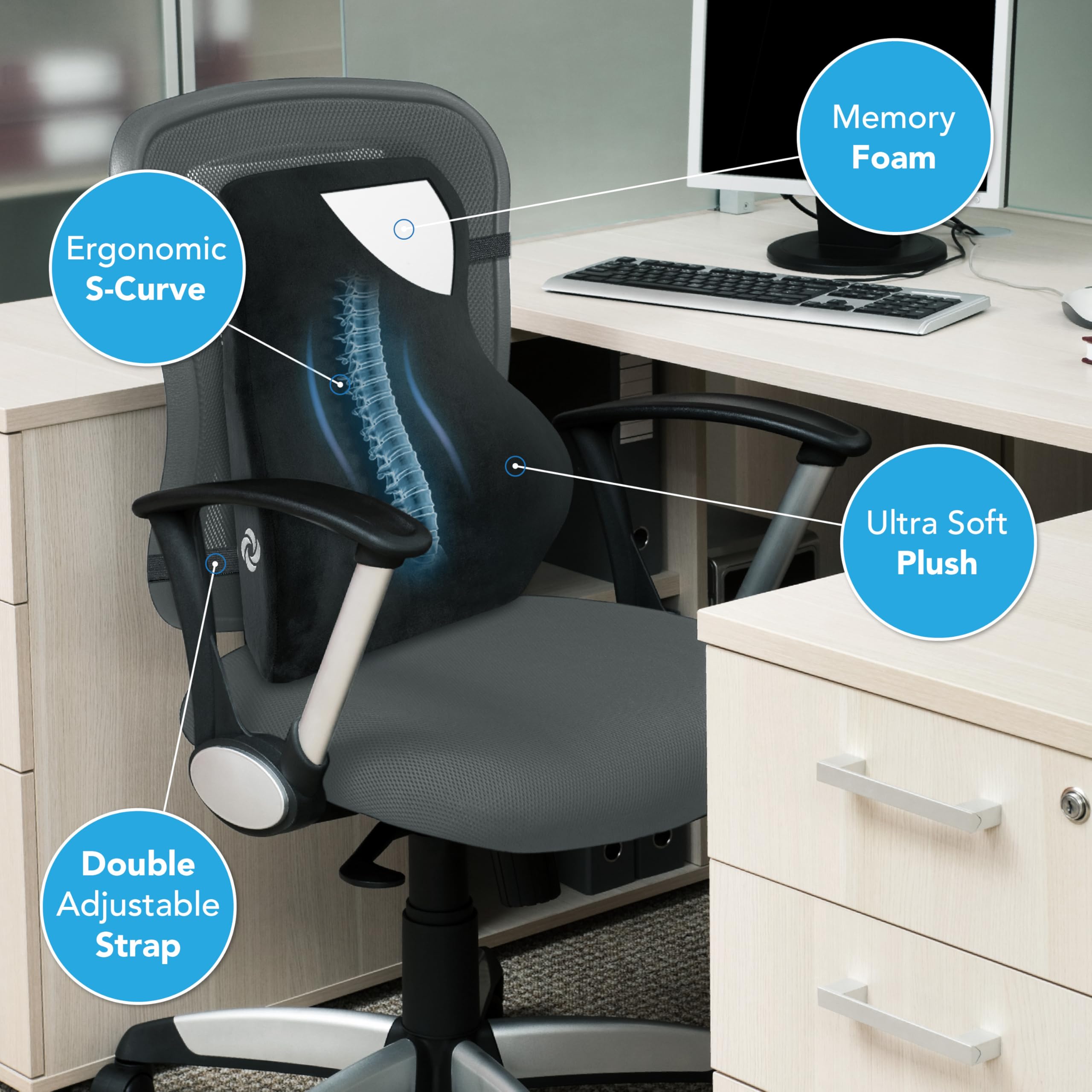 Samsonite coussin installé sur fauteuil de bureau pour posture améliorée