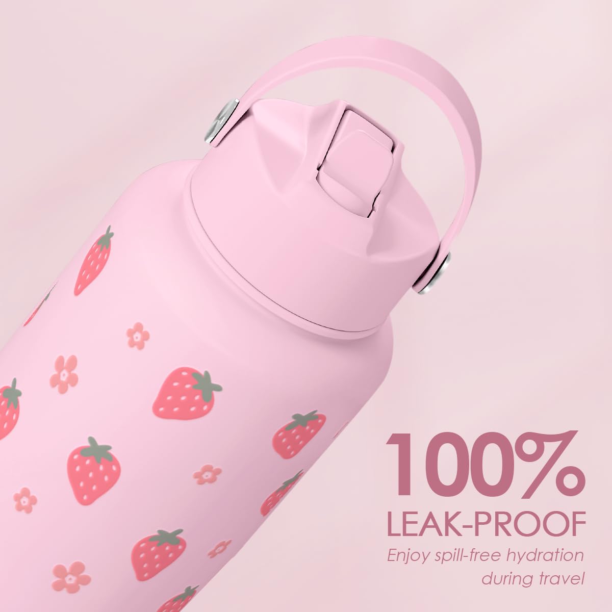 SANDJEST gourde fraise gros plan acier inoxydable durable et sans goût