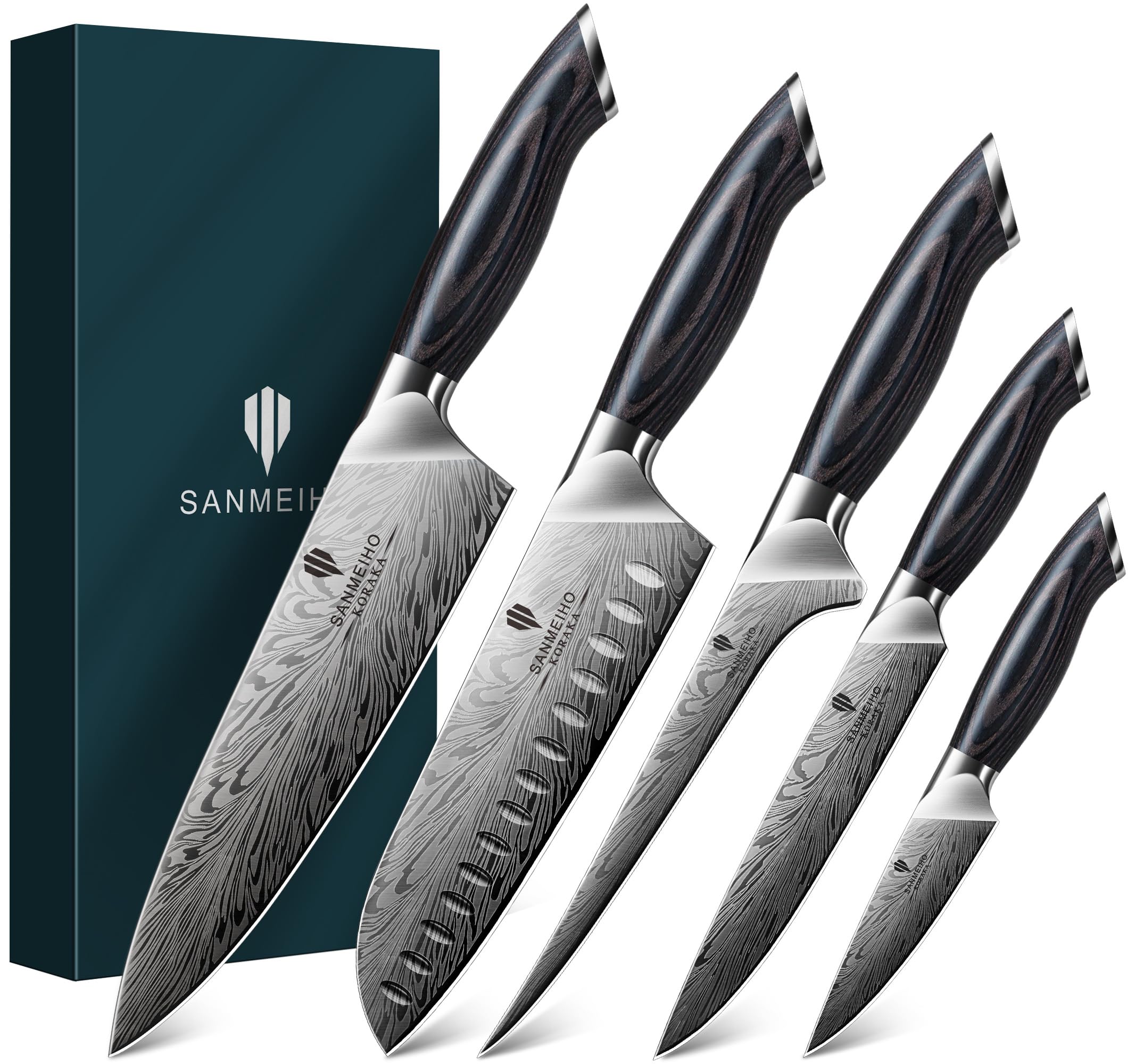 SANMEIHO face du coffret montrant les cinq couteaux et finition premium