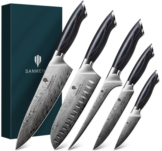 SANMEIHO face du coffret montrant les cinq couteaux et finition premium