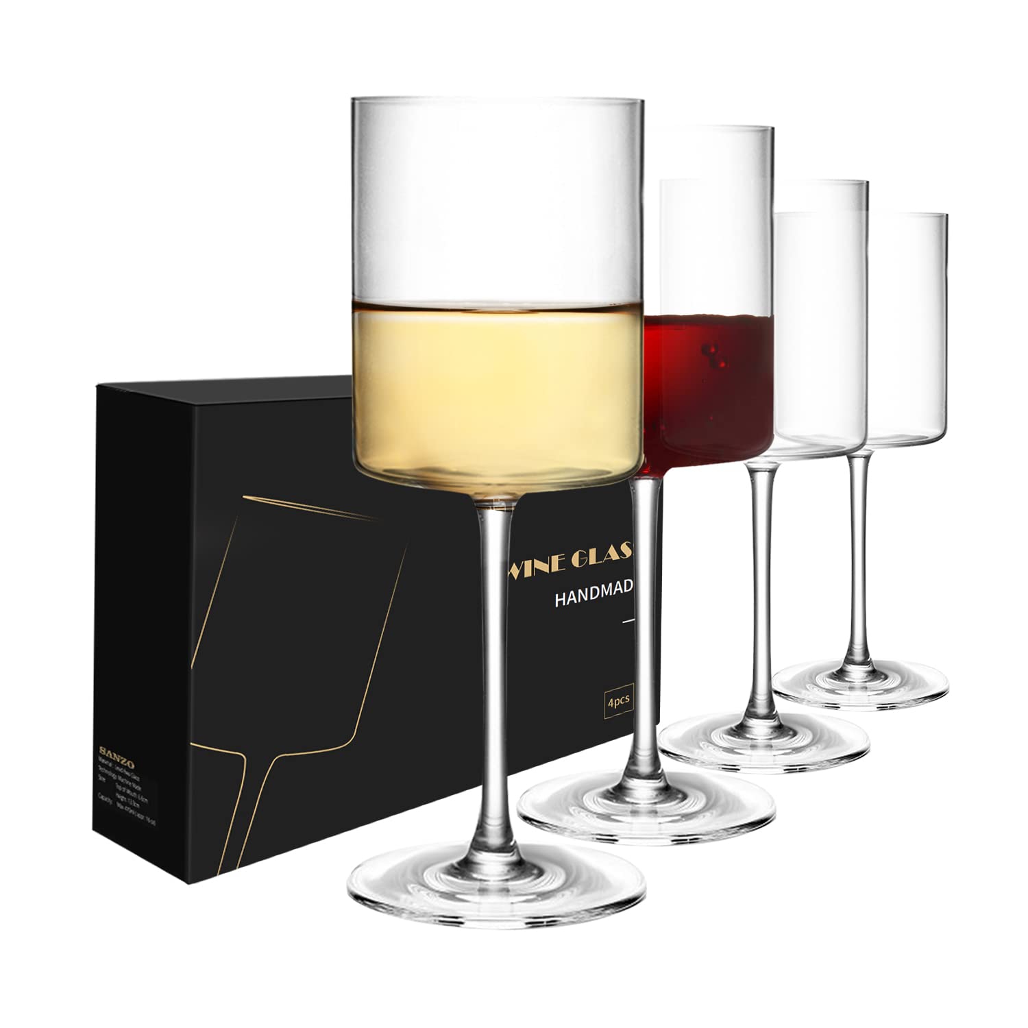 SANZO verre à vin carré lot de 4 vu de face, design élégant pour présentation