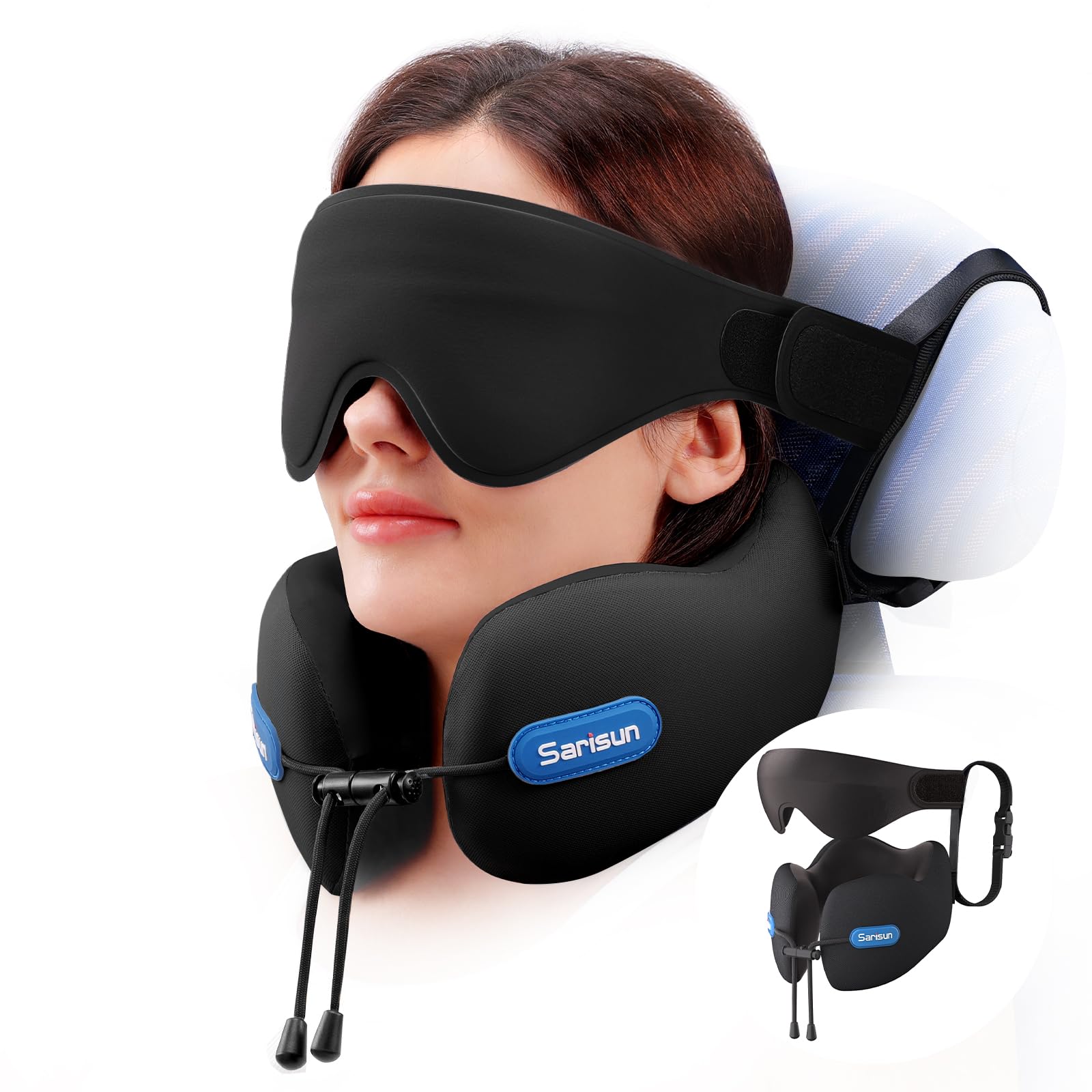 SARISUN vue avant du coussin et du masque pour un rangement pratique