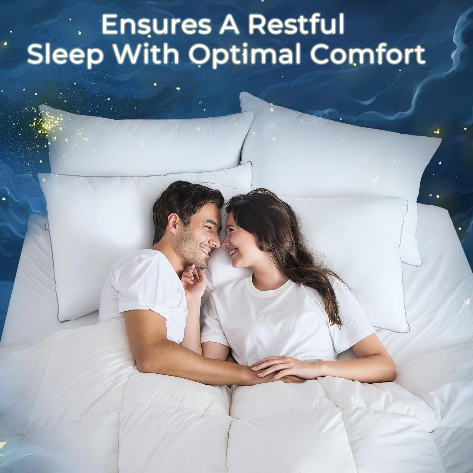 Couple utilisant oreillers Sasttie montrant confort partagé au lit