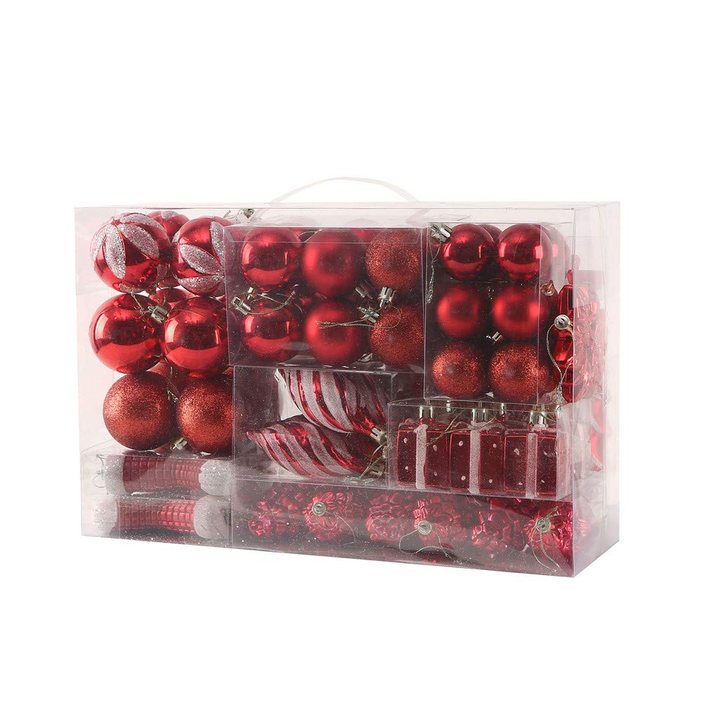 Sattiyrch coffret ouvert montrant 76 boules rouges prêtes à suspendre, gain de rangement sécurisé
