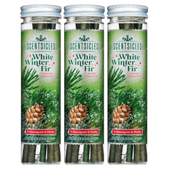 Scentsicles flacon face montrant l’étiquette White Winter Fir et usage simple