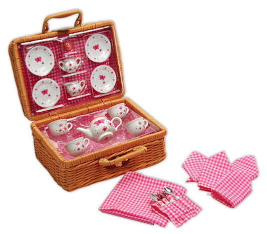 Schylling panier avant montrant le service à thé papillons, rangement pratique et décoratif