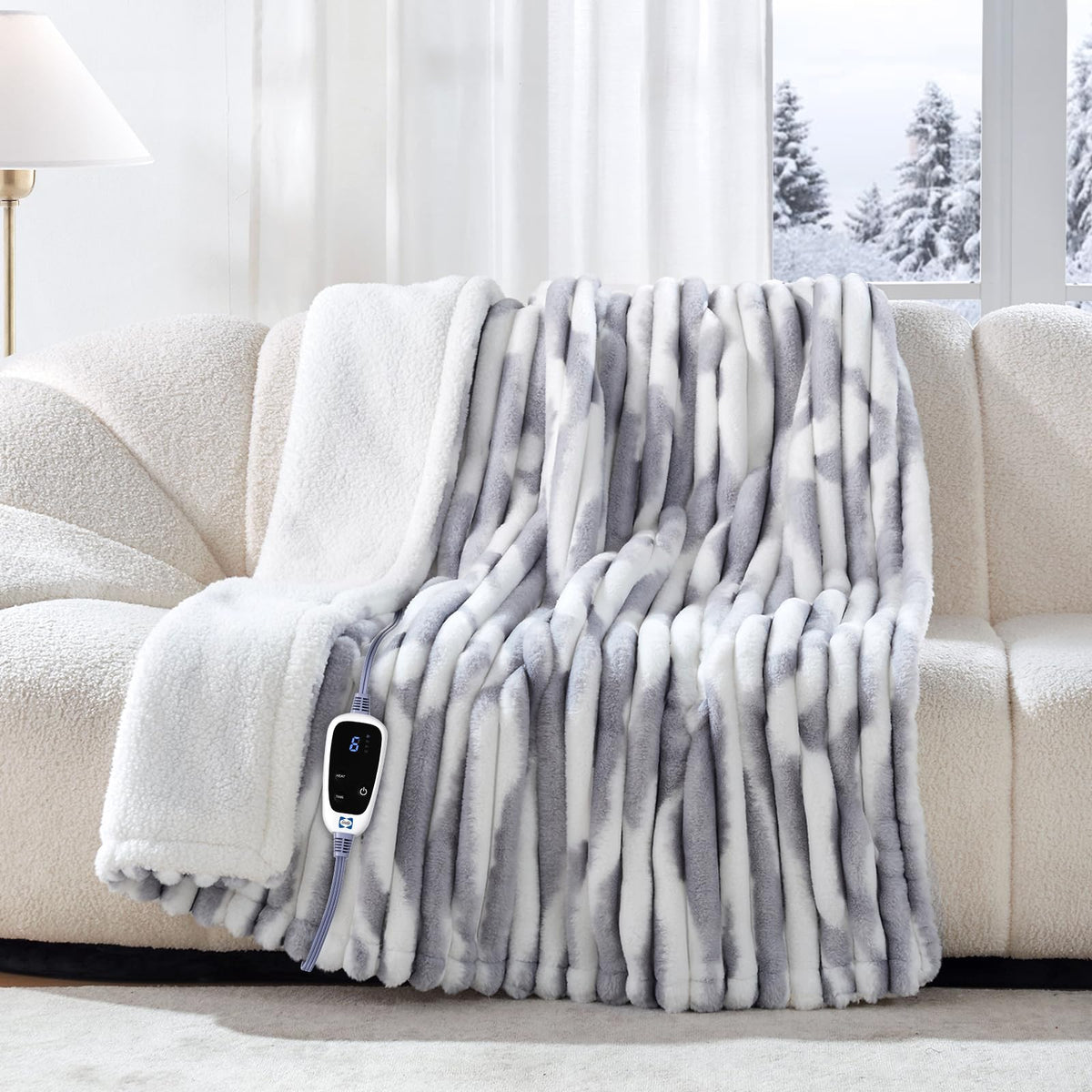 Sealy plaid devant bleu blanc montrant design cosy et chaleur personnalisée