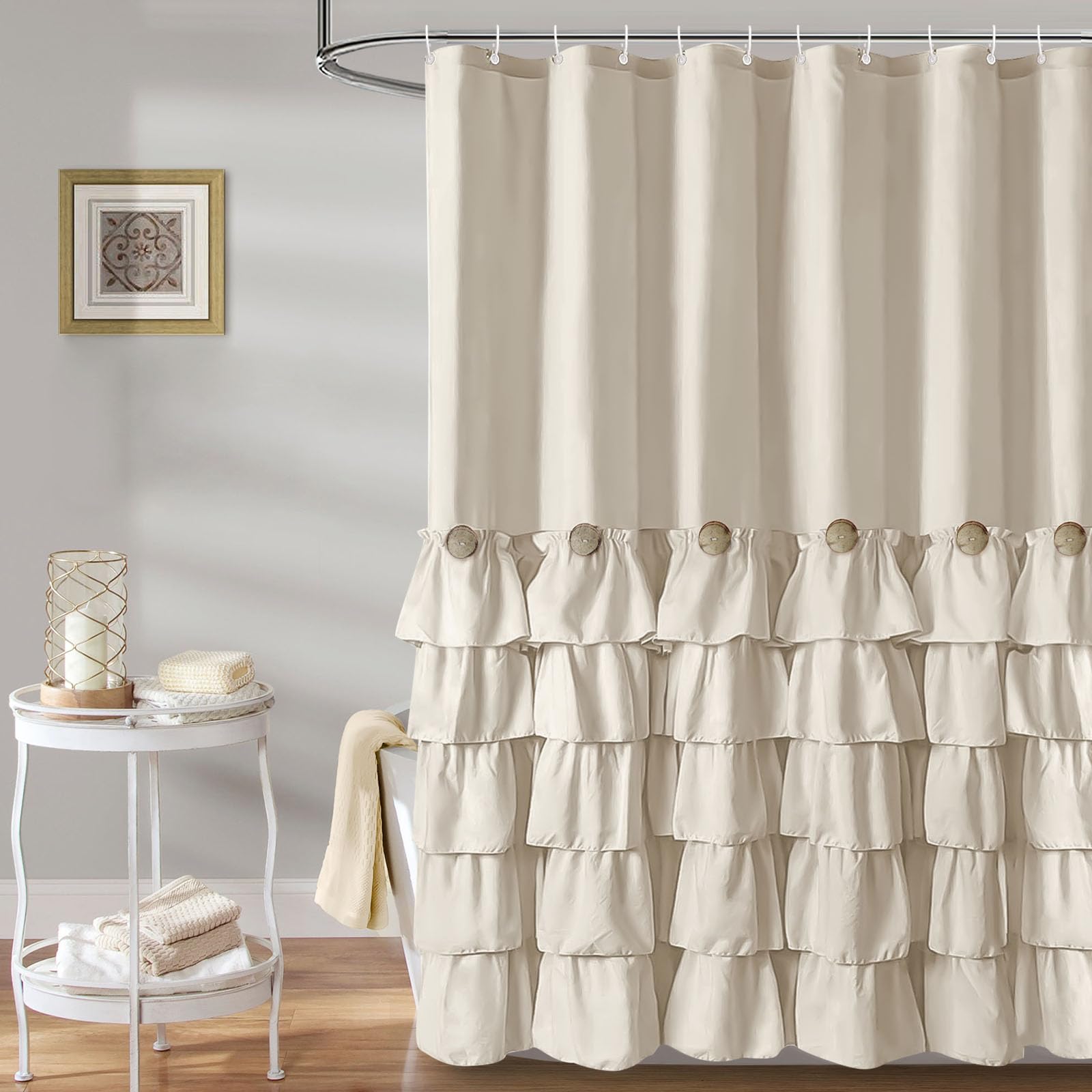 Seasonwood rideau de douche face entière beige montrant couverture complète et design élégant