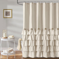 Seasonwood rideau de douche face entière beige montrant couverture complète et design élégant