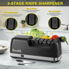 Secura en cours d'utilisation affûtant un couteau de cuisine pour trancher net