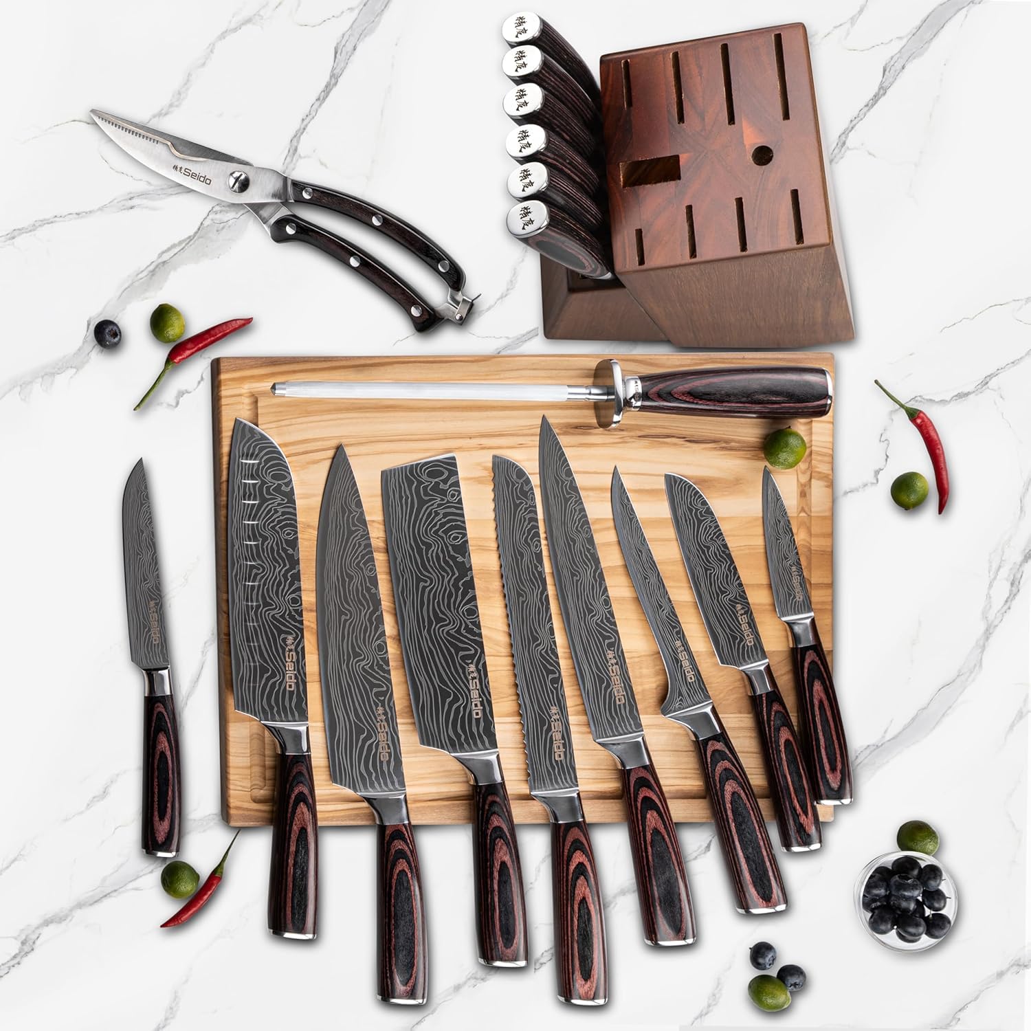 Seido Knives gros plan lame damas 67 couches montrant précision de coupe