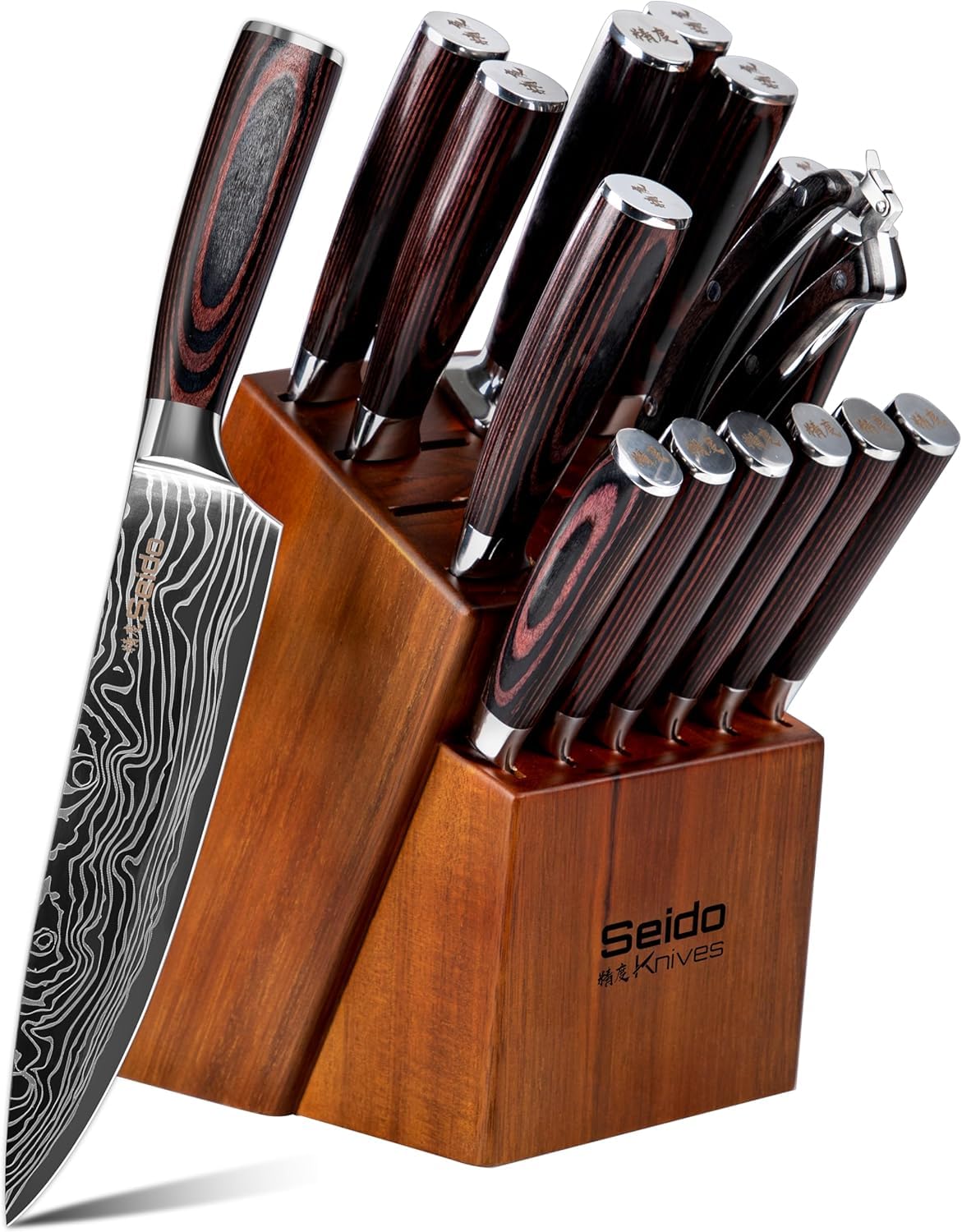 Seido Knives bloc en acacia présentant l'ensemble 17 pièces, rangement sécurisé