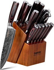 Seido Knives bloc en acacia présentant l'ensemble 17 pièces, rangement sécurisé