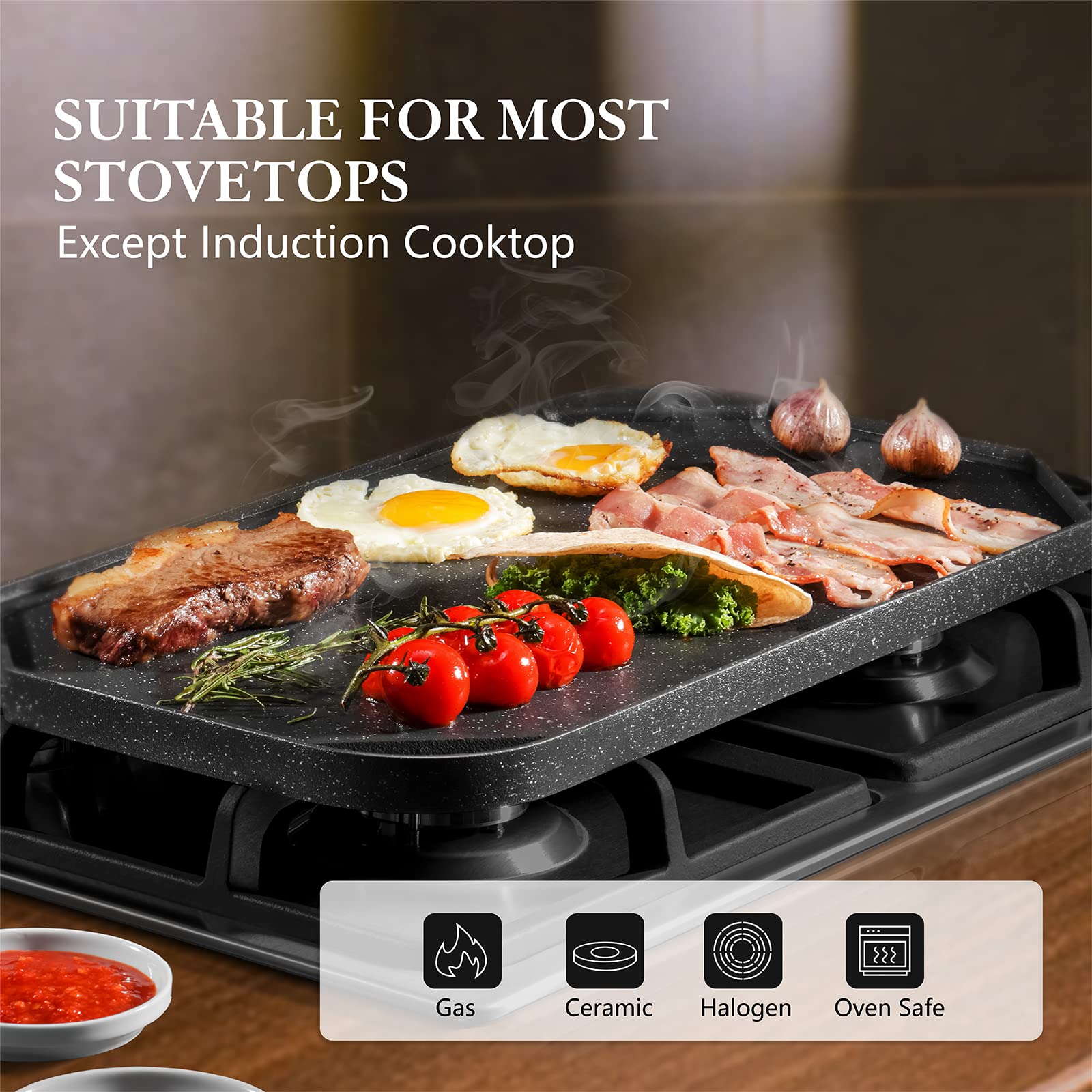 SENSARTE plancha lisse gros plan montrant surface antiadhésive pour pancakes et œufs