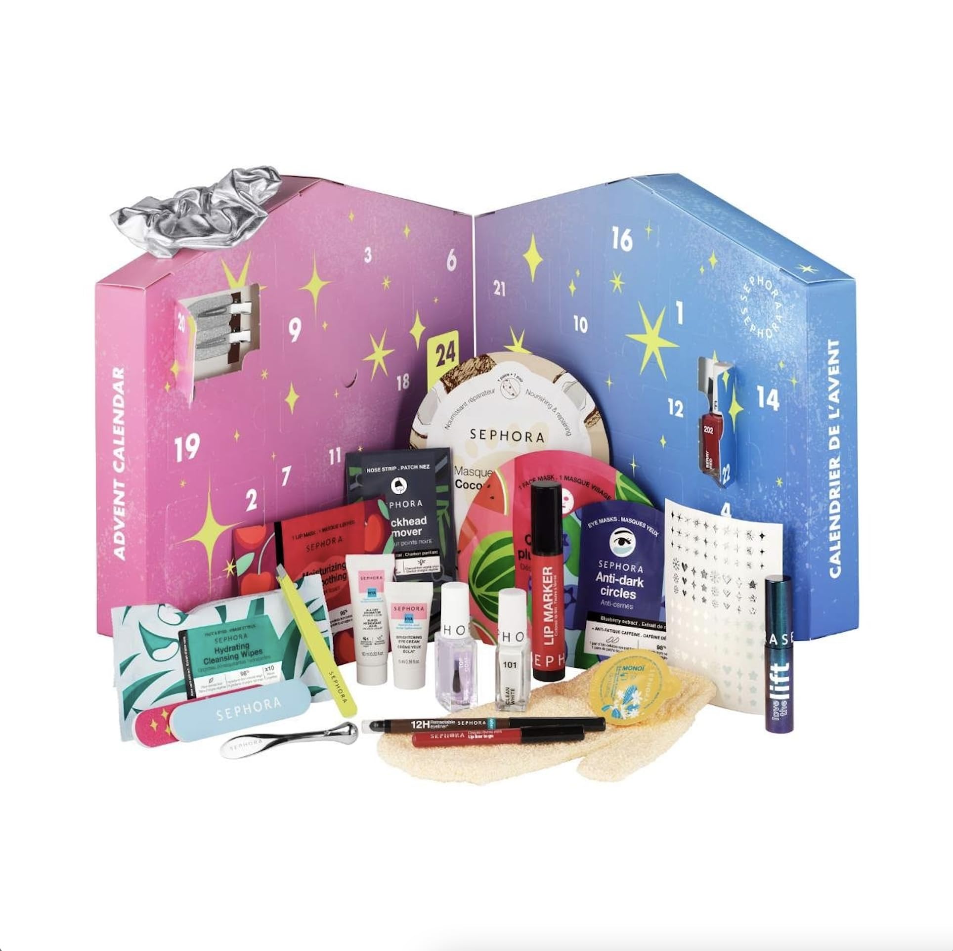 SEPHORA calendrier Moving Lights ouvert montrant diversité de formats pour tester