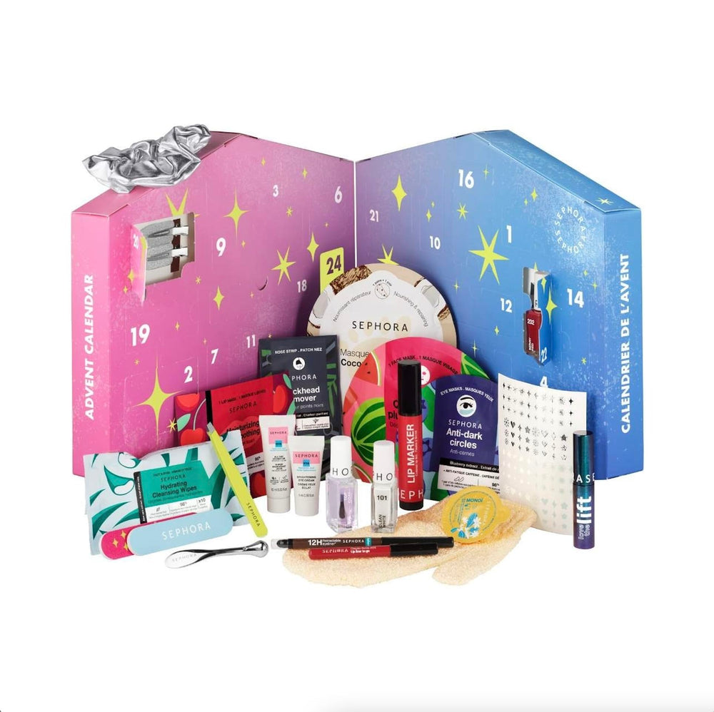 SEPHORA calendrier Moving Lights ouvert montrant diversité de formats pour tester