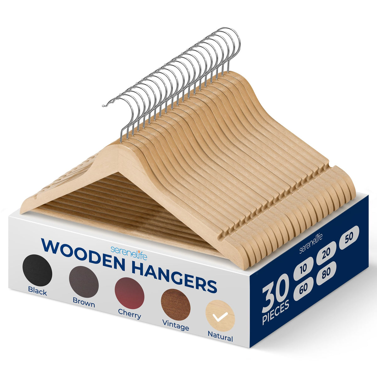 SereneLife pack 30 cintres bois vue avant pour rangement organisé