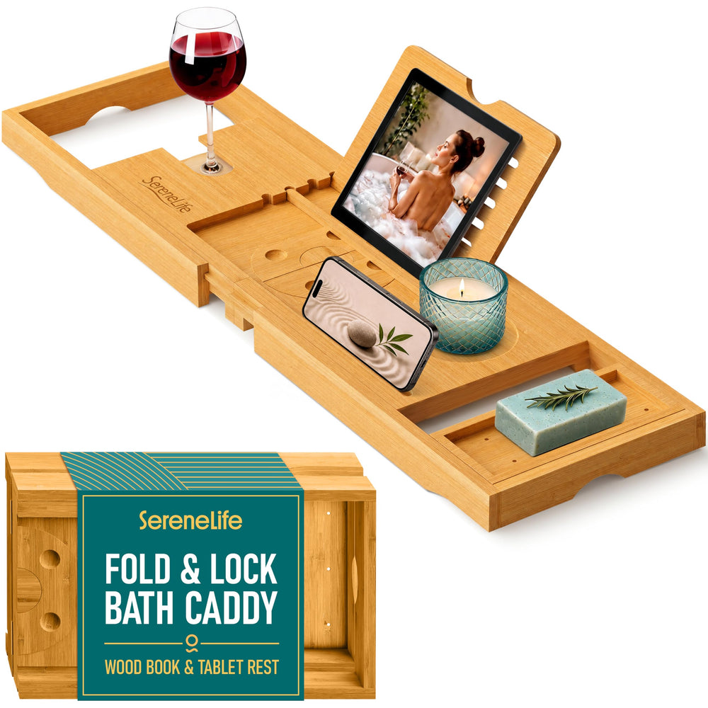 SereneLife plateau de bain face avant montrant rangement et stabilité