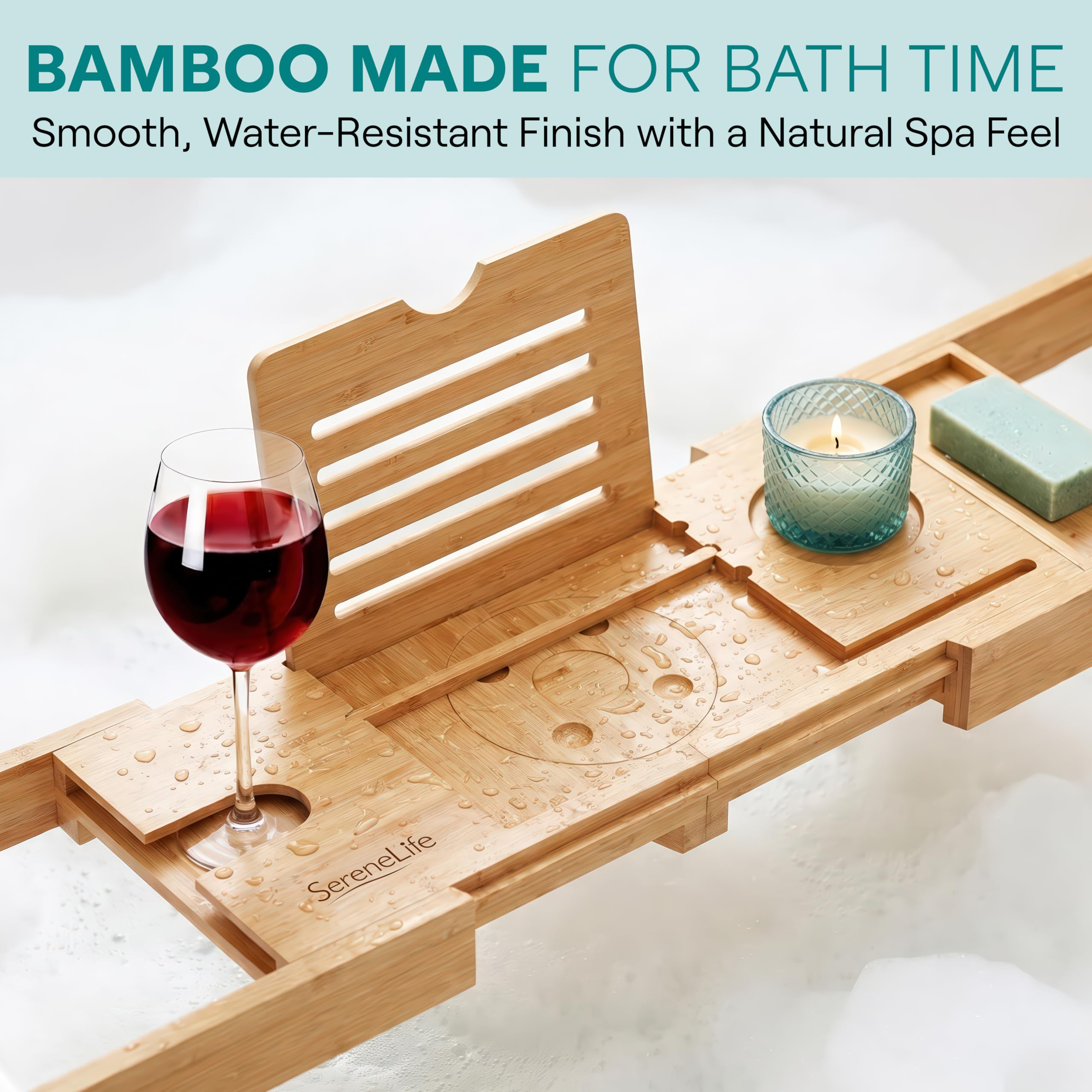 SereneLife plateau en situation bain avec bougie créant ambiance relaxante