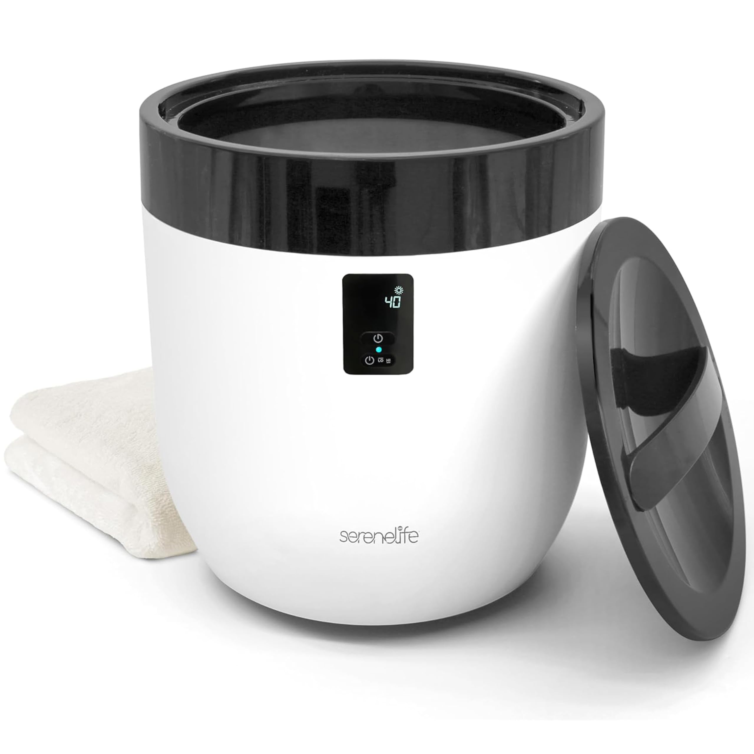 SereneLife seau chauffe-serviettes vue avant montrant design pratique et gain de place